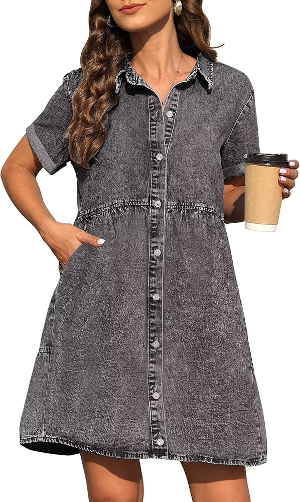 KDF Denim Dress for Women with Pockets Short Sleeve Babydoll Denim Shirt Dresses for Women 2024 | Amazon (US)
