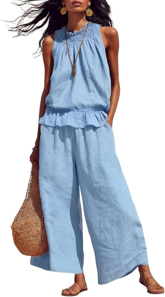 2 Piece Linen Set for Women Boho Ruffle Sleeveless Tank Tops Baggy Wide Leg Pants Matching Set Be... | Amazon (US)