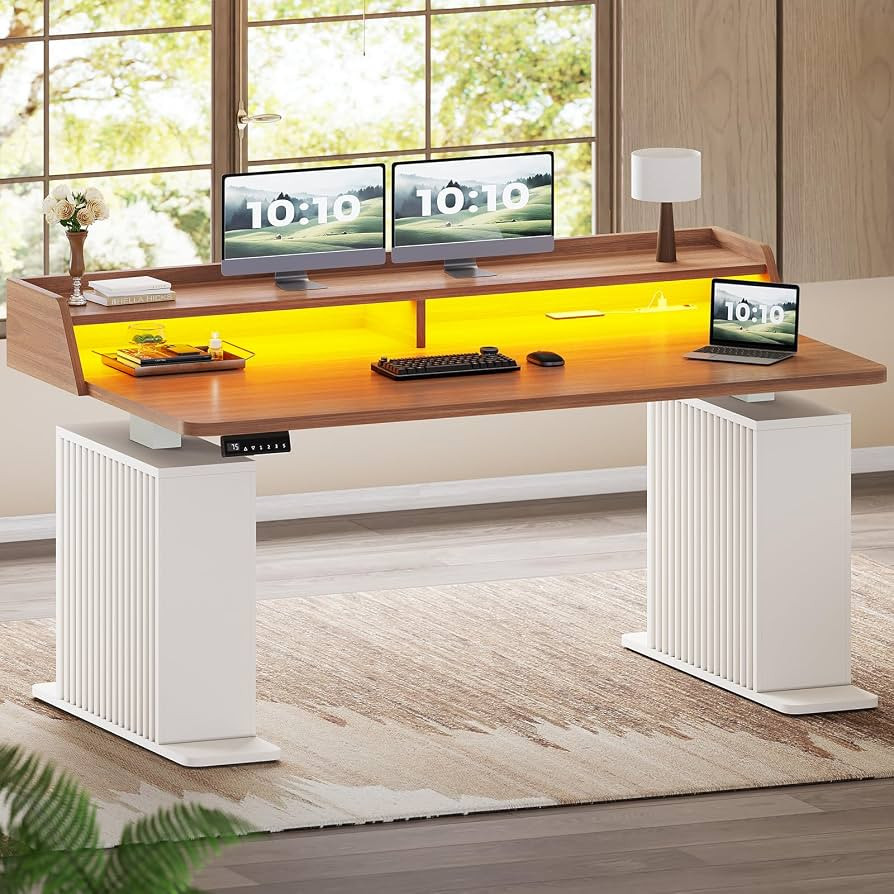 SEDETA Standing Desk with Storage, 55" Fluted Stand Up Desk with Power Outlets & LED Lights, Heig... | Amazon (US)