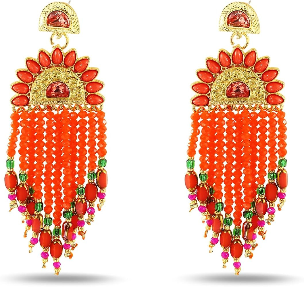 Crystal Beaded Tassel Drop Earrings, Rhinestone Gold Tone, Bohemian Dangle Statement Jewelry for ... | Amazon (US)
