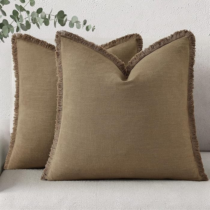 decorUhome Summer Decorative Neutral Linen Fringe Throw Pillow Covers Set of 2 Light Brown Pillow... | Amazon (US)