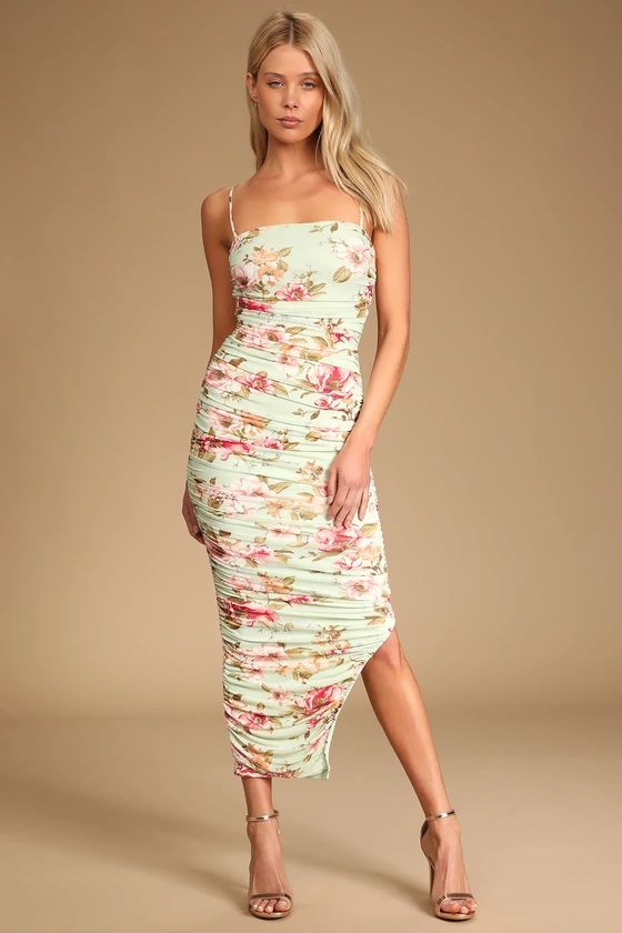 Stun and Only Sage Floral Print Ruched Mesh Bodycon Midi Dress | Lulus (US)