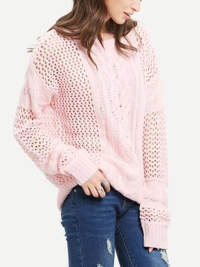 Pink Round Neck Hollow Sweater | SHEIN