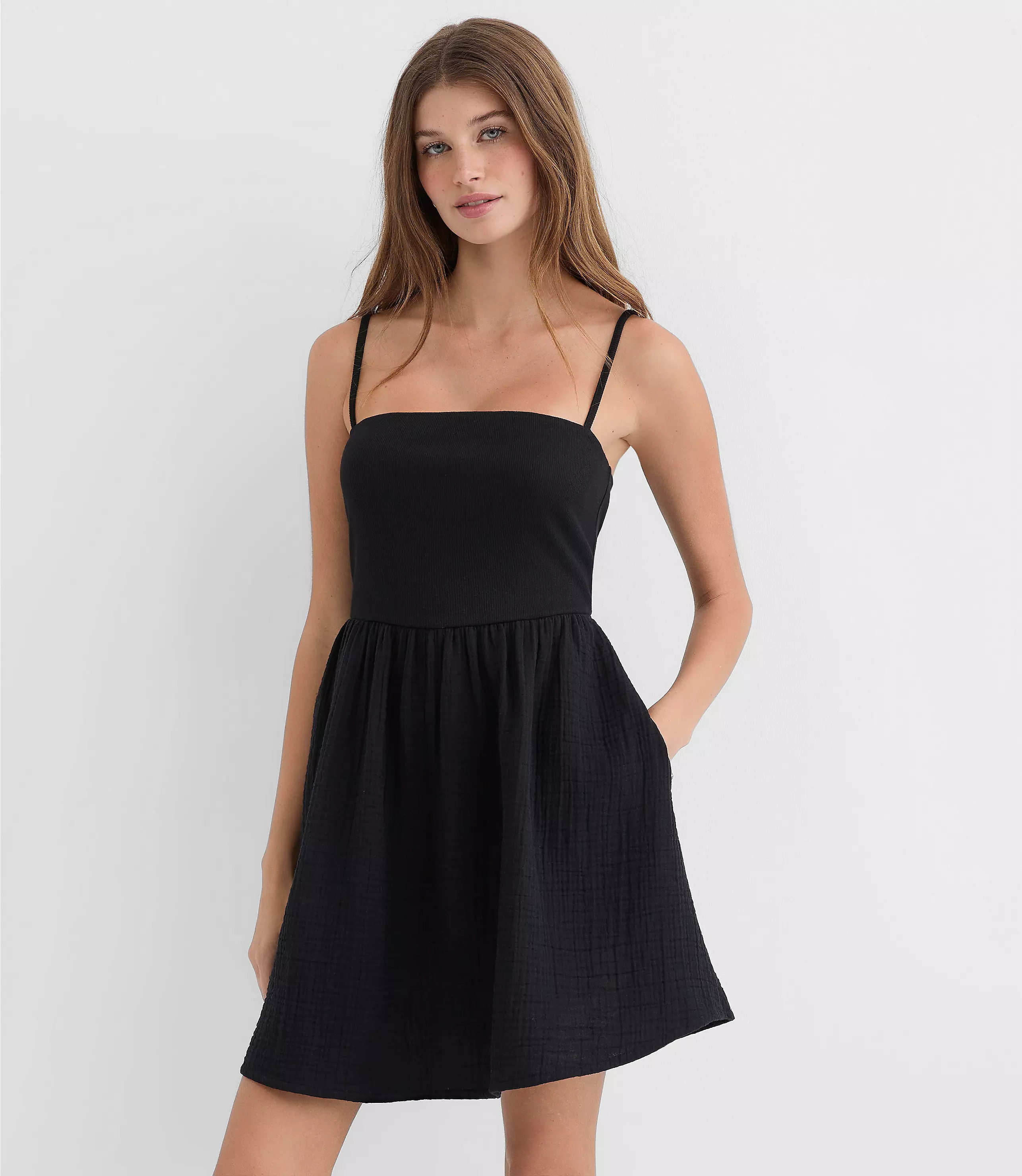 LOFT Beach Triple Cloth Mixed Media Mini Pocket Dress | LOFT