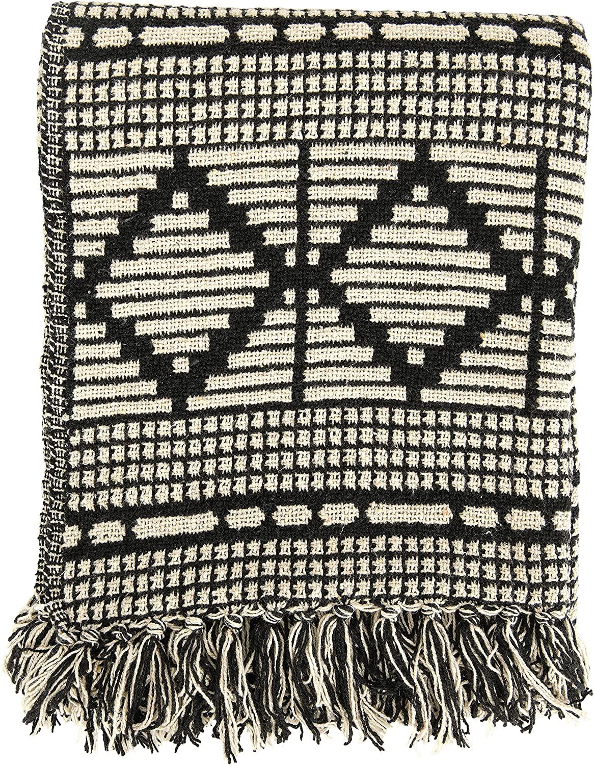 Bloomingville Black & Beige Woven Cotton Blend Blanket with Fringe Throw, Black | Amazon (US)