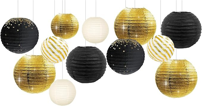 NICROLANDEE Black Gold Party Supplies - 12PCS Black and Gold Metallic Foil Paper Lanterns Decorat... | Amazon (US)