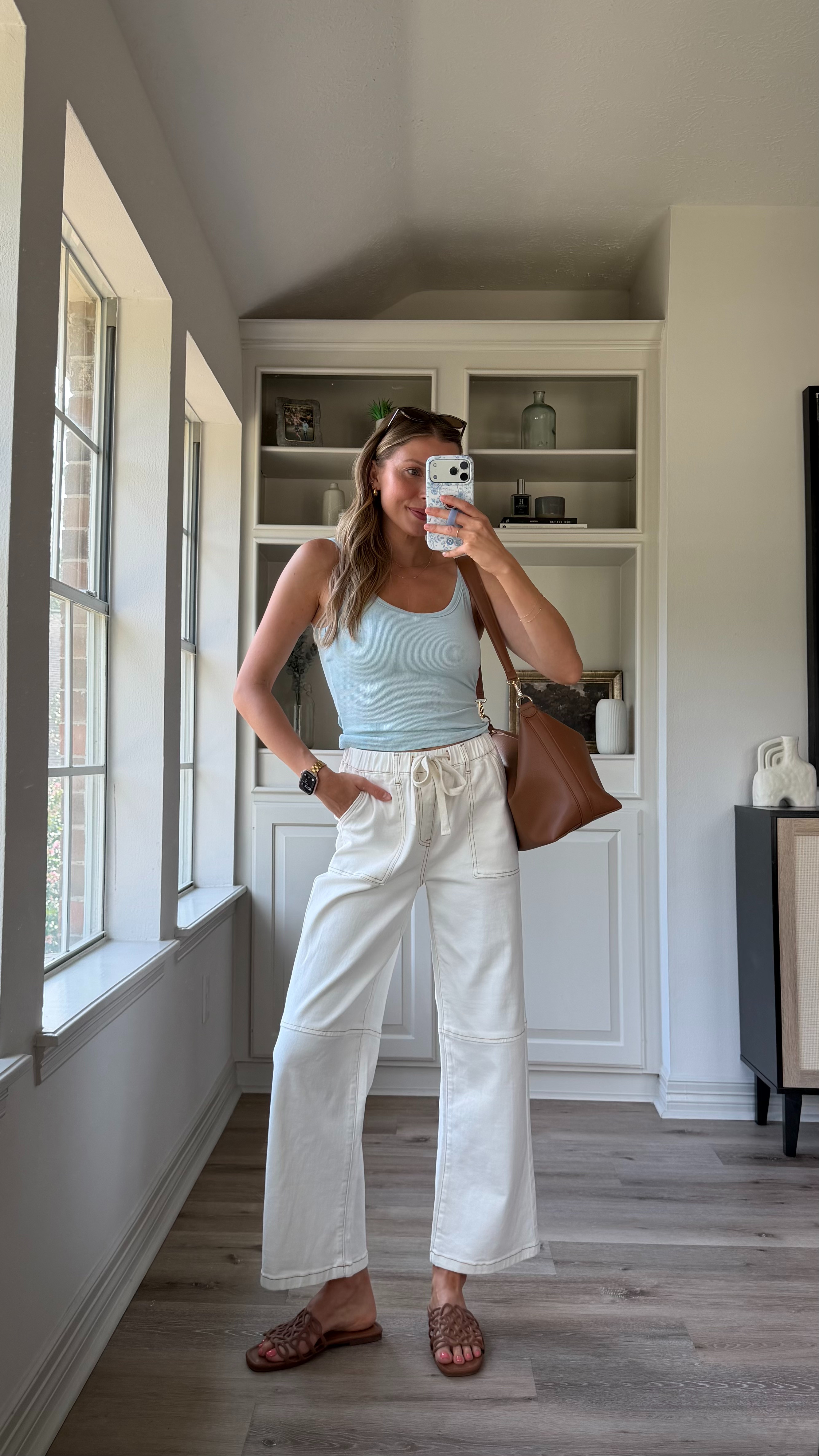 Cute, casual mom outfit! Loving this tank with built in bra. Wearing small in tank, size 4 in white denim 
 

 #LTKootd
