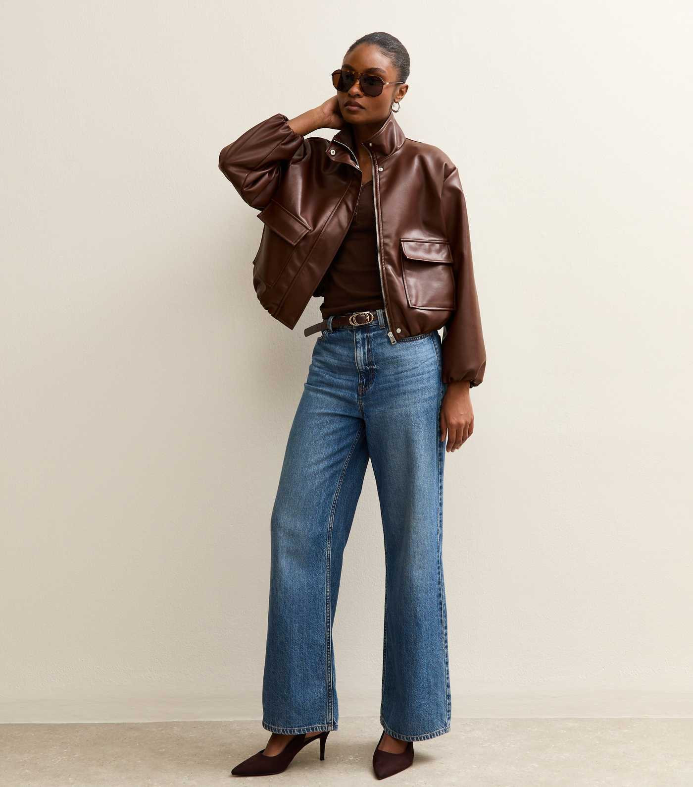 Dark Brown Faux Leather Funnel Neck Bomber Jacket | New Look | New Look (UK)