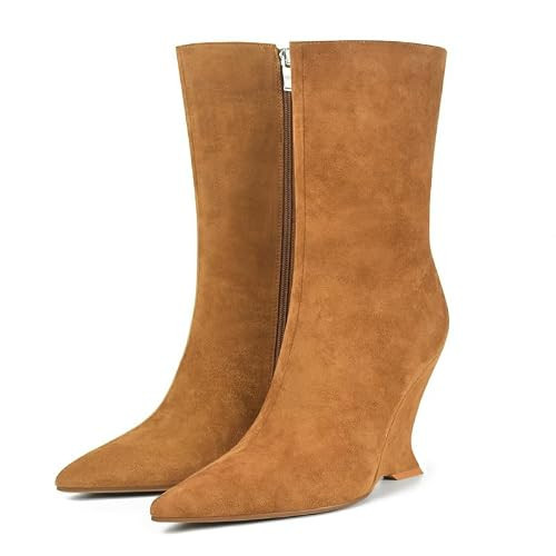 LUXMUWA Womens Suede Wedge Boots Brown Ankle Booties Comfortable Pointed Toe Winter Heeled Short Boots Size 11 | Amazon (US)