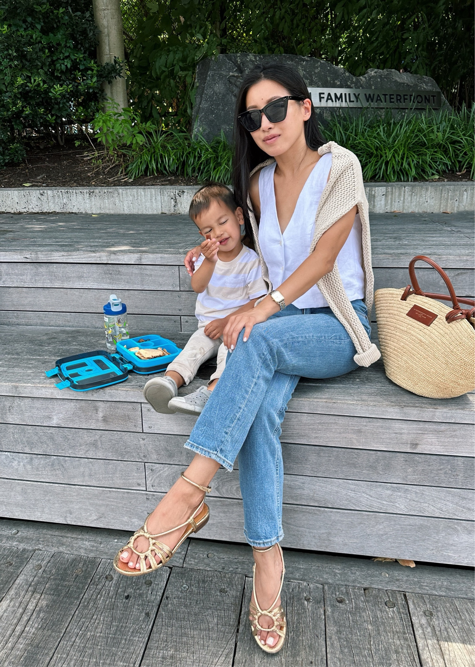 •Abercrombie ankle jeans 24 short. . I have both light and medium and grey. I’m 5 feet tall and like Short to hit below ankle . 
•Madewell vest 00 - only a few sizes left in white. Same vest now in black and burgundy! Vest is a slightly low and loose fit on me but I love it and wear it often.

I linked similar options from Mango in both teen sizing (petite-friendly!) and women’s sizing 
•Sezane sandals sz 6 - run small
•Sezane basket bag
•BP sunglasses
•Everlane sweater - old; similar linked

#petite weekend mom friendly casual outfit 

#LTKSeasonal #LTKfamily #LTKstyletip