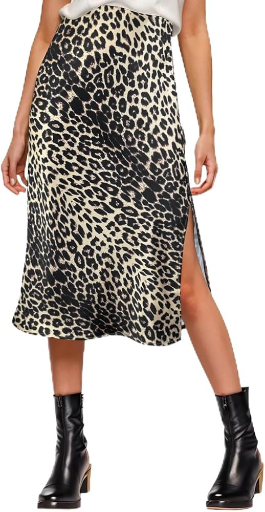 Womens Satin Silk High Waist Slit Midi Skirt Elastic Waistband Midi Skirts for Women | Amazon (US)