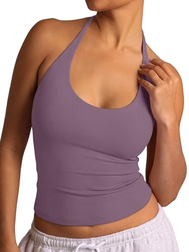 REORIA Women's Halter Tank Tops Basic Tie Scoop Neck Backless Double Lined Going Out Outfits Cute Summer Trendy Sleeveless Shirts Orchid Mist Purple | Amazon (US)