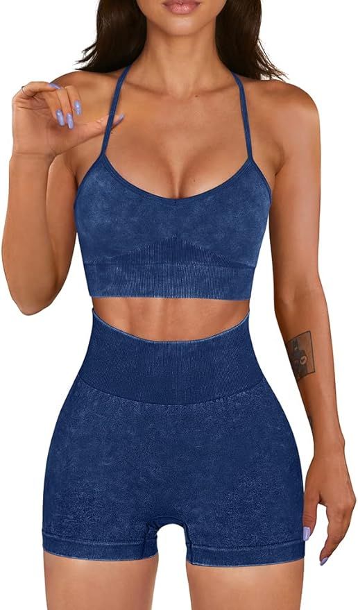 OQQ Workout Outfit for Women 2 Piece Seamless Acid Wash High Waist Shorts With Sports Bra Exercis... | Amazon (US)