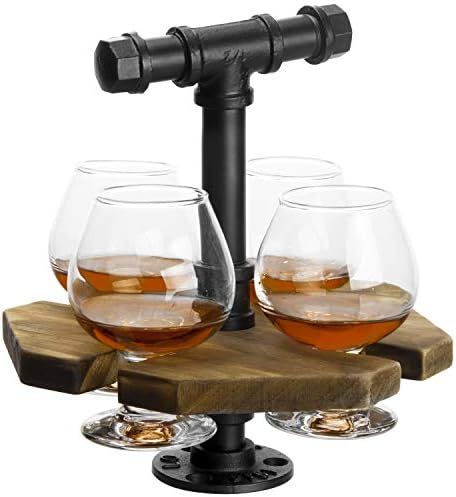 MyGift Industrial Pipe & Burnt Wood Beer/Whiskey Flight Set with 4 Glasses | Amazon (US)