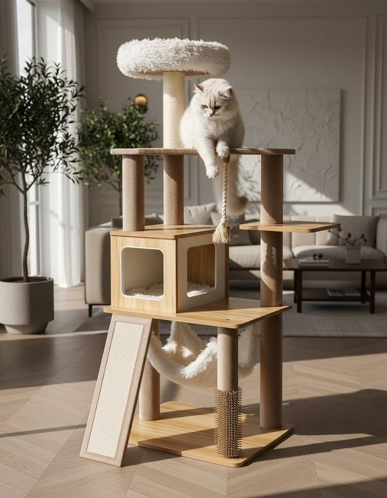 61" Modern Cat Tree Tower for Indoor Cats, Luxury Climbing Tower with Plush Lounge, Kitty Condos,... | Amazon (US)