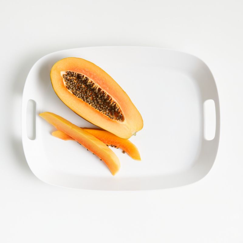 Lunea White 19"x14" Outdoor Melamine Tray with Handles + Reviews | Crate & Barrel | Crate & Barrel