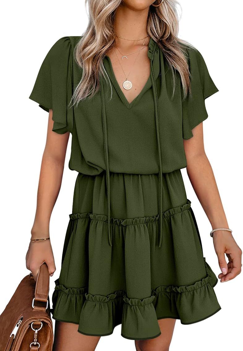 Happy Sailed Womens Summer Short Sleeve V Neck Ruffled Layered A Line Swing Mini Dresses S-XL | Amazon (US)