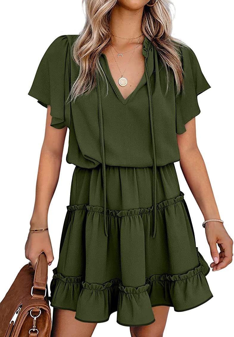 Happy Sailed Womens Summer Short Sleeve V Neck Ruffled Layered A Line Swing Mini Dresses S-XL | Amazon (US)