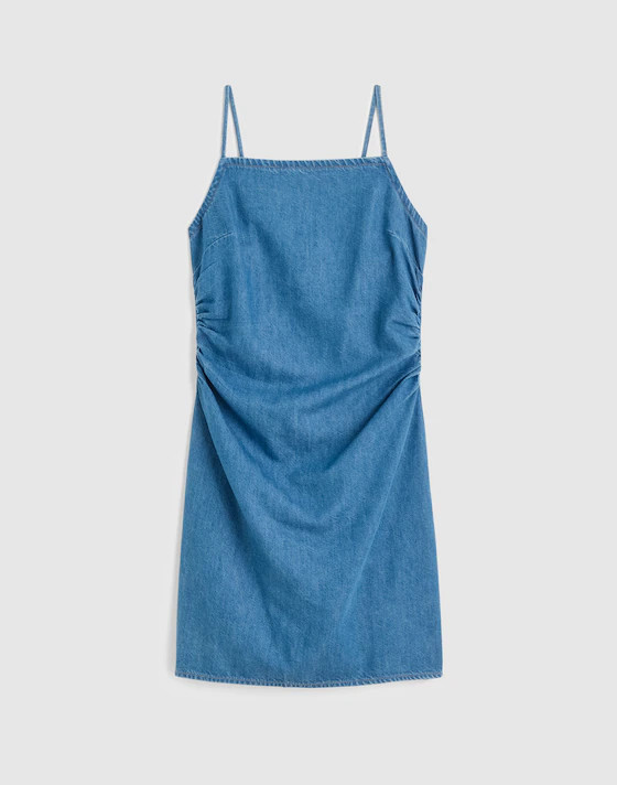 Denim Ruched Squareneck Mini Dress | Madewell