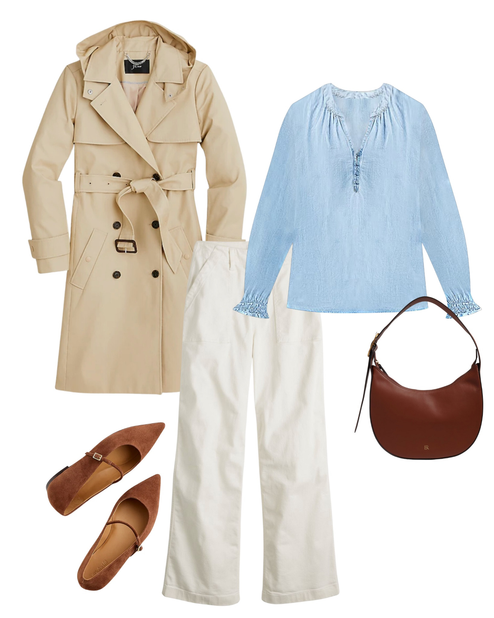 6 ways to wear a trench coat ✔️

Blue Chambray top
Ivory pants
Brown cognac loafers