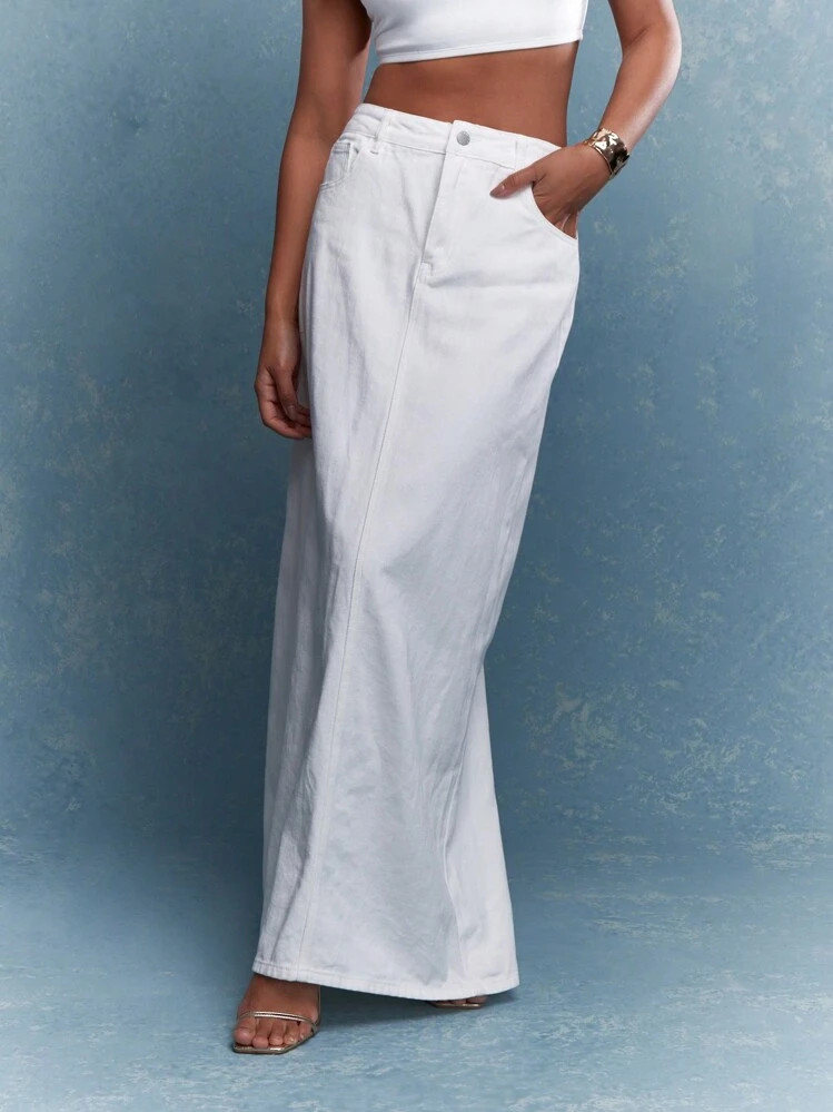 MISSGUIDED Branded Logo Patch Back Slit Denim Maxi Skirt | SHEIN