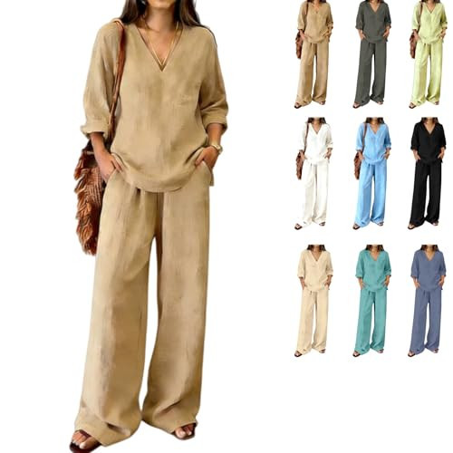 Linen Sets For Women 2 Piece,Linen Sets For Women 2 Piece Long Sleeve V Neck Top Matching Wide Leg Lounge Pants Beach Vacation Outfits Summer Pajamas 01 Beige Large | Amazon (US)