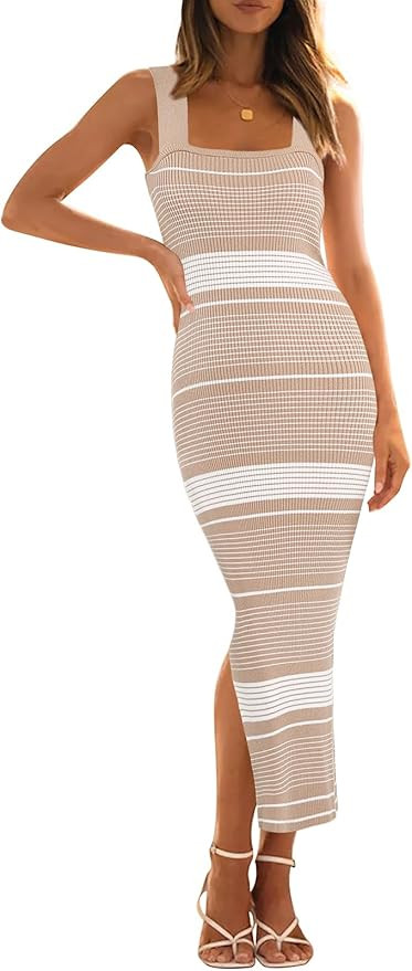 MEROKEETY Women's 2026 Summer Spring Bodycon Midi Dress Beach Vacation Sleeveless Striped Ribbed ... | Amazon (US)