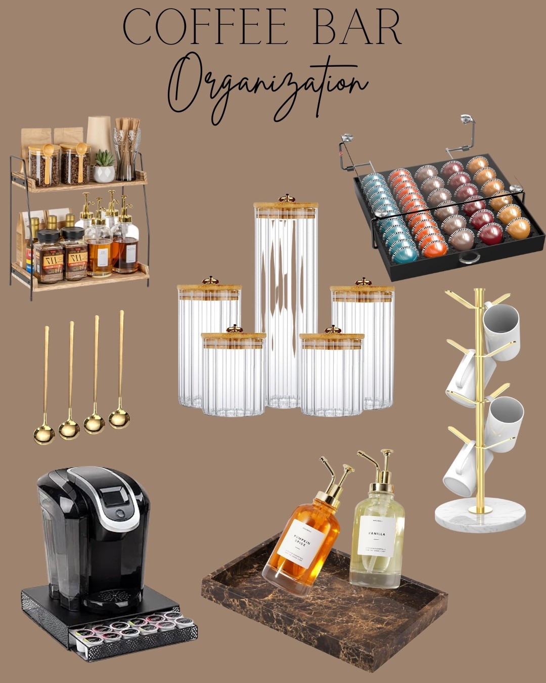 Coffee bar organization 

Spoons 
Coffee cup organizer 
Coffee pods 
Nespresso 
Dispenser 
Shelf 

#LTKmorningroutine #LTKFindsUnder50 #LTKHome