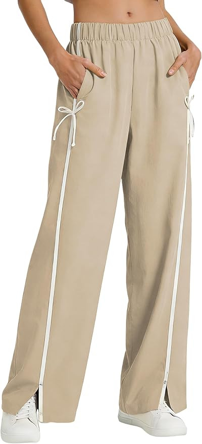 Hongsui Women's Striped Wide Leg Pants Sweatpants with Bow Elastic Waist Baggy Athletic Pants wit... | Amazon (US)