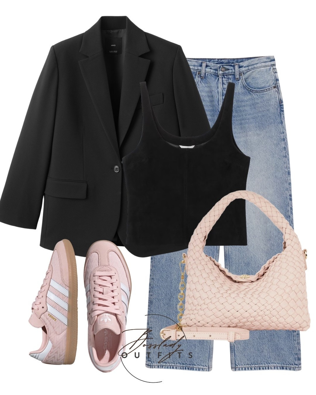 Casual smart everyday outfit with black cropped tank, oversized blazer, and straight leg blue jeans
Relaxed fit denim paired with a structured black blazer adds balance between casual and polished
Soft cotton tank keeps it breathable and comfortable for all day wear
Blush pink sneakers and woven shoulder bag bring a subtle color contrast without overpowering the look
Perfect for errands, casual meetings, travel days, or city outings
Style tip: roll the jeans slightly at the hem to highlight the sneakers and keep it clean and modern

#LTKbag #LTKstyletip #LTKshoes