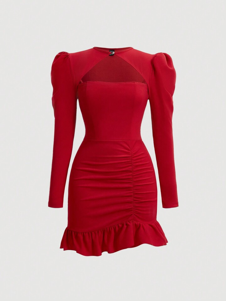 SHEIN MOD Women's Puff Sleeve And Ruffle Hem Dress | SHEIN