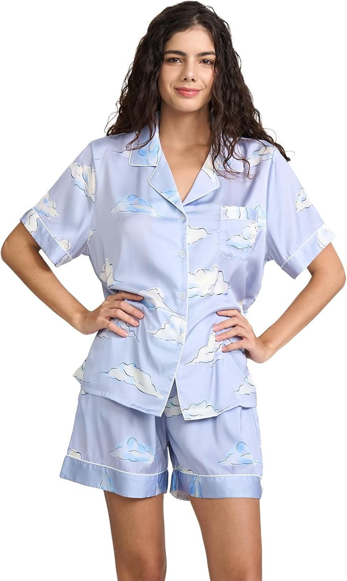Womens Silk Satin Shorts Pajamas Set Button Down 2 Piece Pjs Short Sleeve Oversized Sleepwear wit... | Amazon (US)