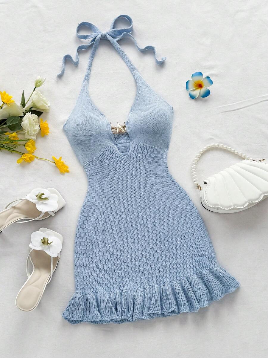 Soleia Women's Vacation Moss Green Halter Back Tie Hollow Out Ruffle Hem Mini Knitted Dress With ... | SHEIN