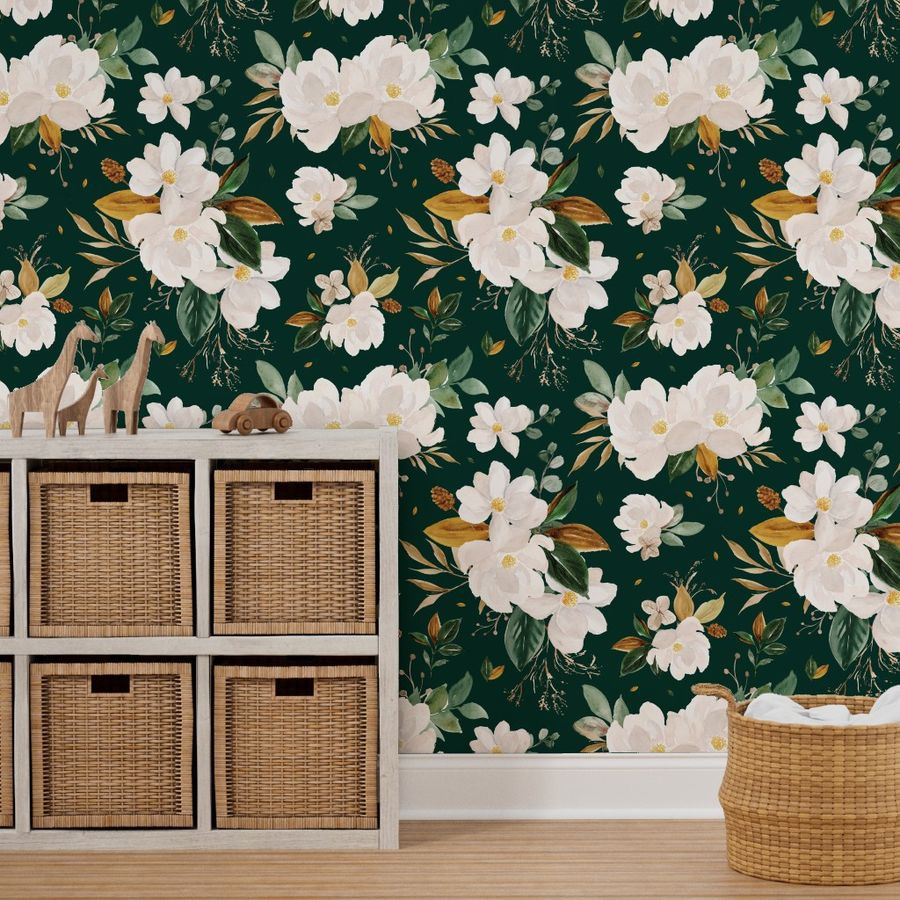 gold magnolia floral on monstera green background - oversized | Spoonflower