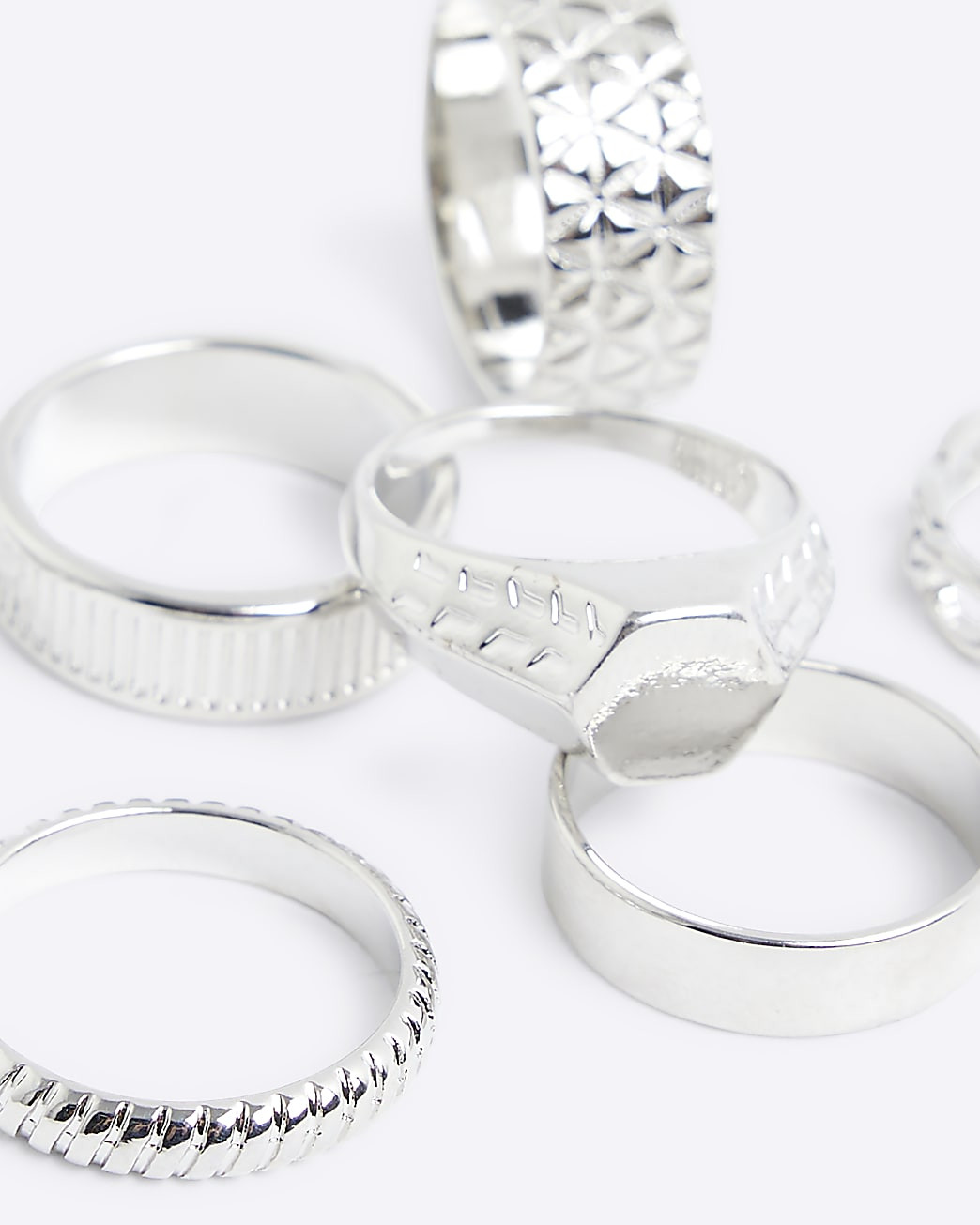 7 Pack  silver colour textured rings | River Island UK & IE
