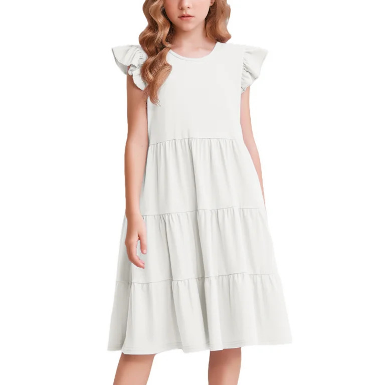 Oudiya Girls Summer White Dress Ruffle Sleeve Tiered Swing Casual Midi Sundress with Pockets for ... | Walmart (US)