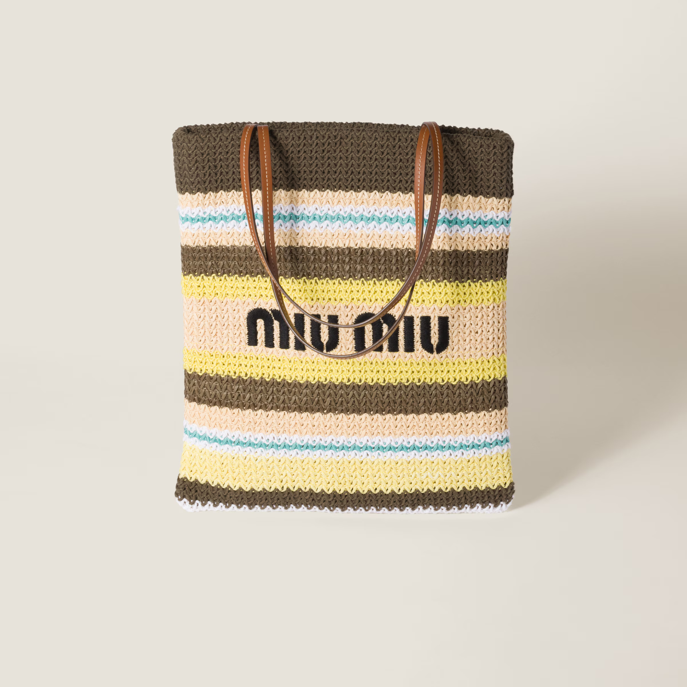 Tundra/lemon Yellow/natural Raffia-effect Woven Tote Bag | Miu Miu | Miu Miu UK