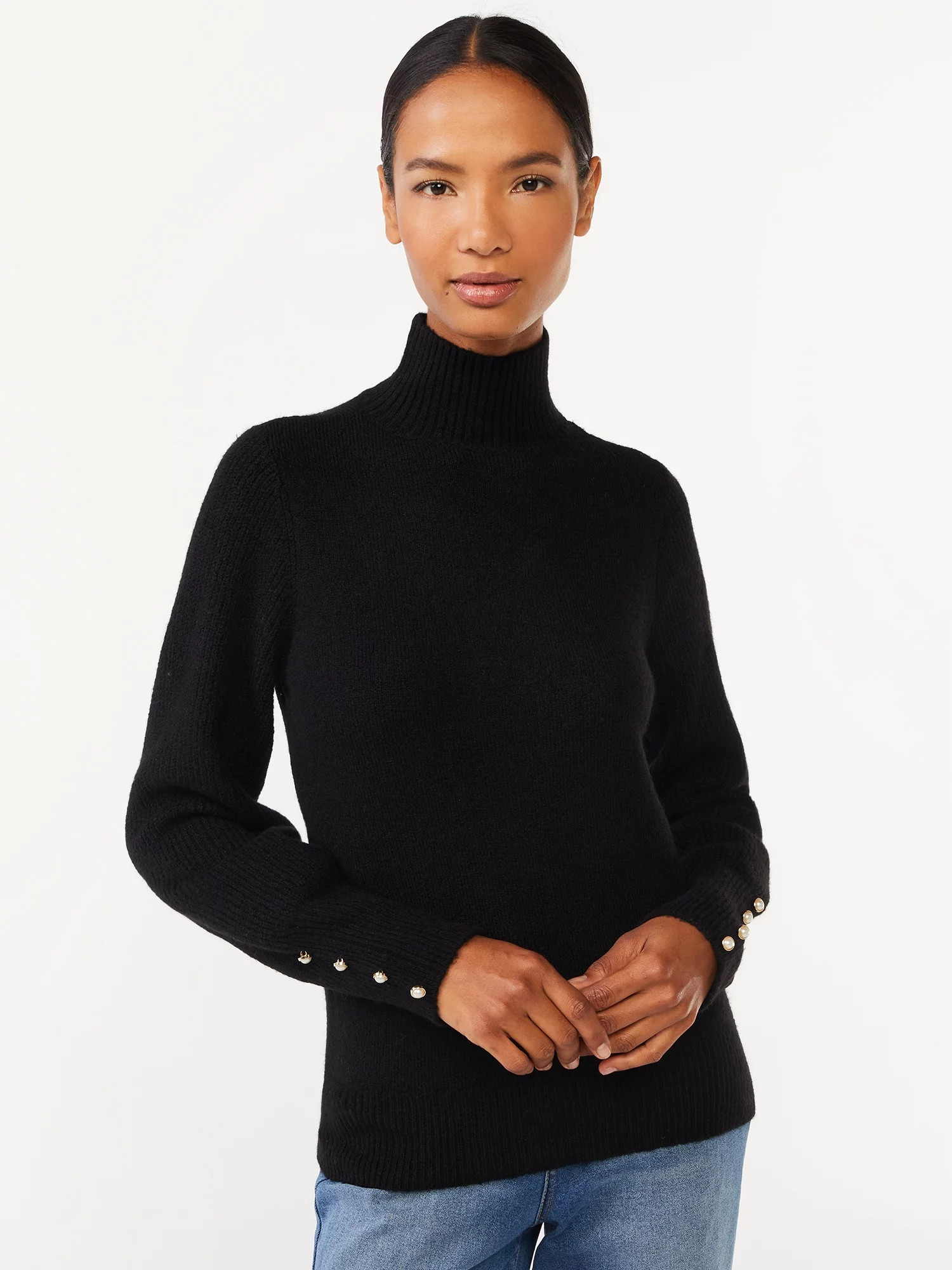 Scoop Women's Long Sleeve Turtleneck Sweater with Button Cuffs, Midweight, Sizes XS-XXL | Walmart (US)