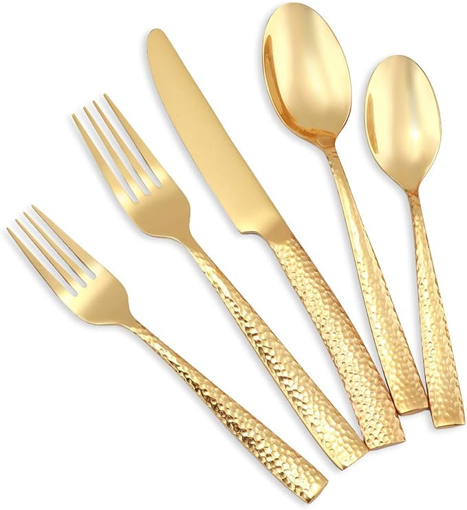 Silverware Set Flatware Set Gold Hammered Handle Cutlery Set Stainless Steel Shiny Mirror Polishe... | Amazon (US)