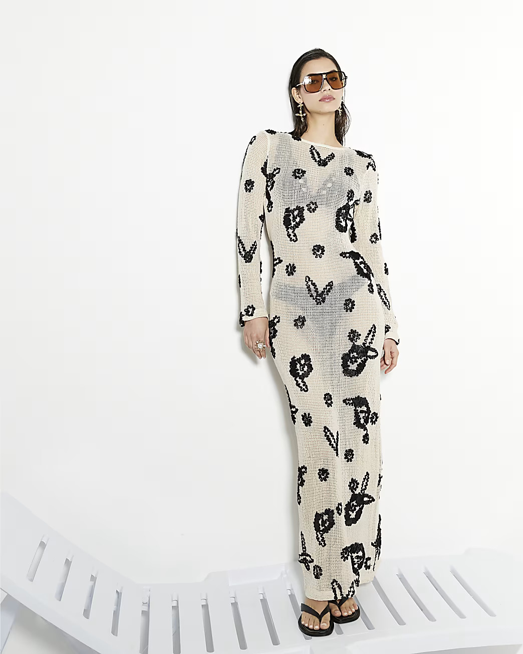 Cream Embroidered Crochet Maxi Beach Dress | River Island UK & IE