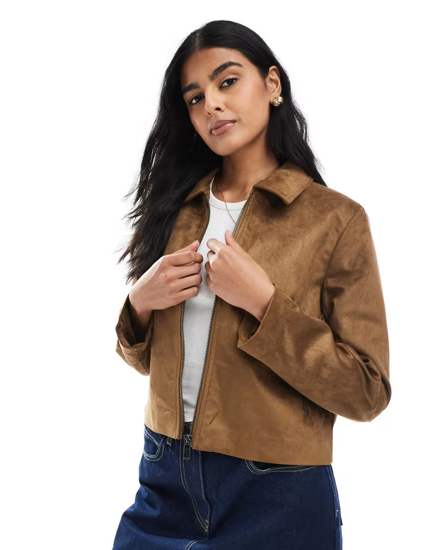 ONLY faux suede jacket in light brown | ASOS (Global)