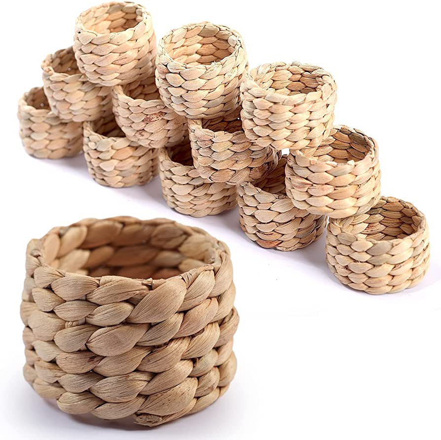 12pcs Round Woven Napkin Ring, Water Hyacinth Napkins Rings, Rustic Napkin Rings, Handmade Braide... | Amazon (US)