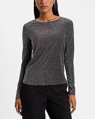 Fitted Glitter Crew Neck Long Sleeve Tee | Express