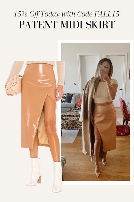 Patent nude skirt, nude midi skirt, fall style, fall outfits, size small, best midi skirt, work chic, 9 to 5 style 

#LTKSeasonal #LTKstyletip #LTKsalealert