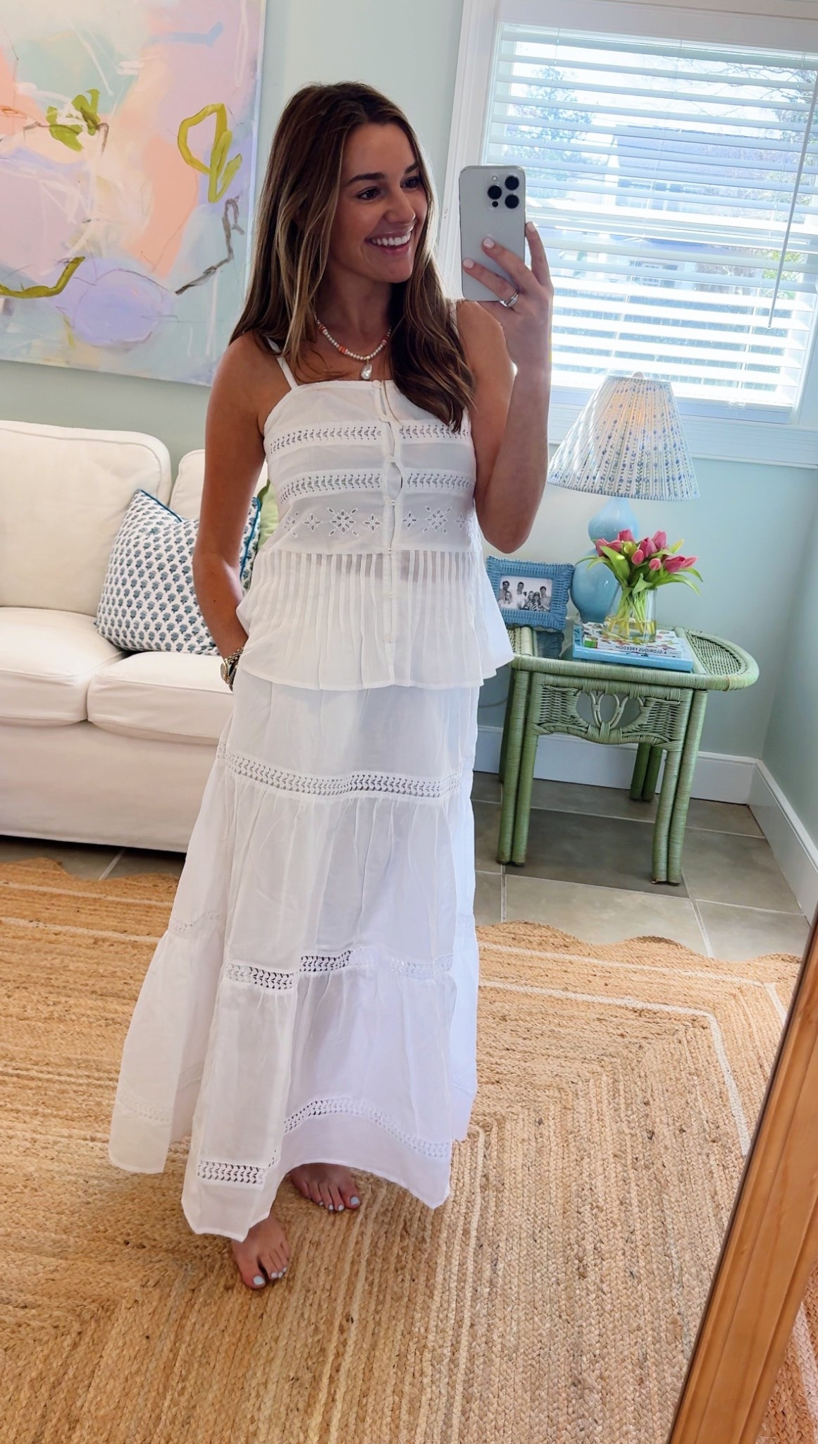 Wearing an XS in all! The white top runs big, size down! 