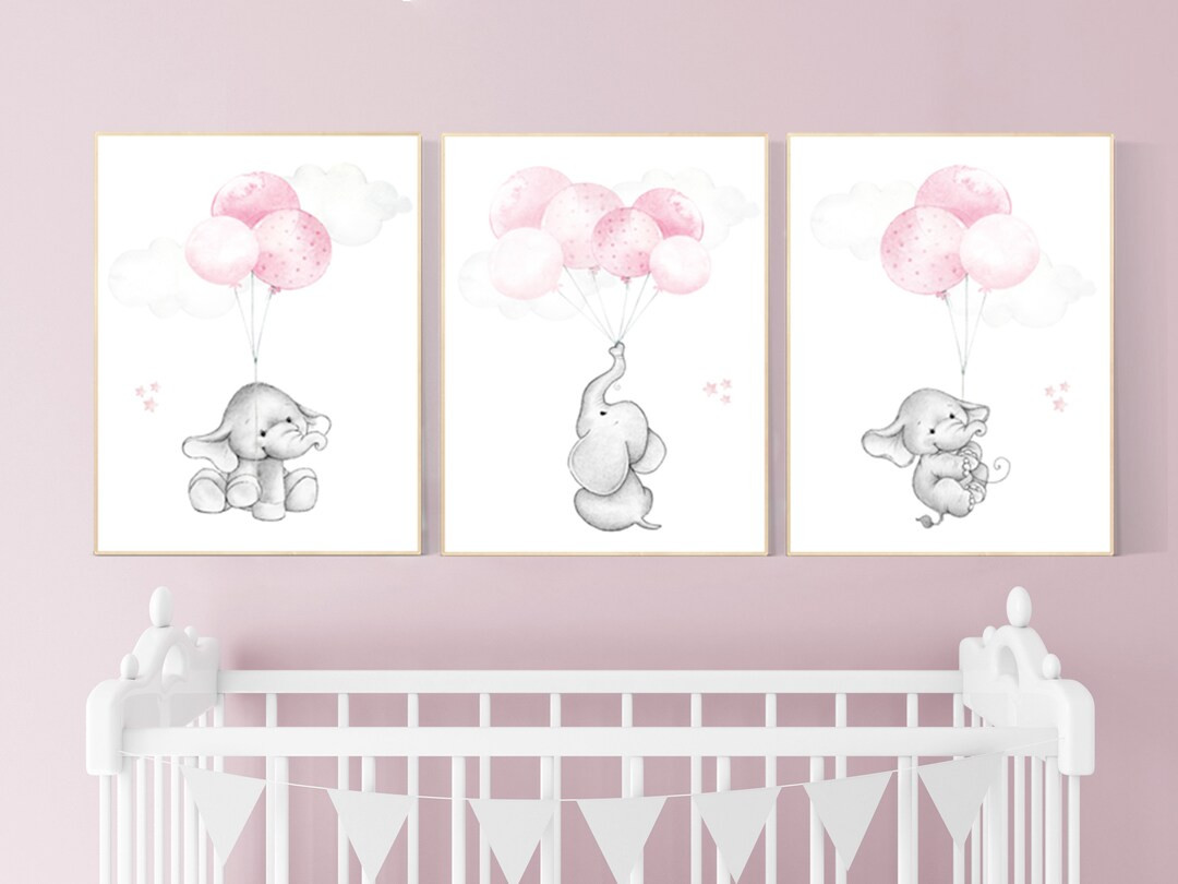 Nursery wall art girl, Nursery decor girl pink and gray, nursery wall art elephant, elephant nurs... | Etsy (US)