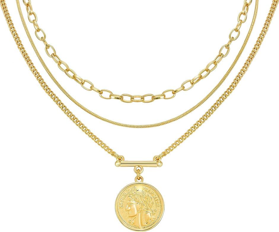 Layered 18k Gold Plated Necklaces for Women - Multilayer Coin Medallion Pendant Necklace Adjustable  | Amazon (US)