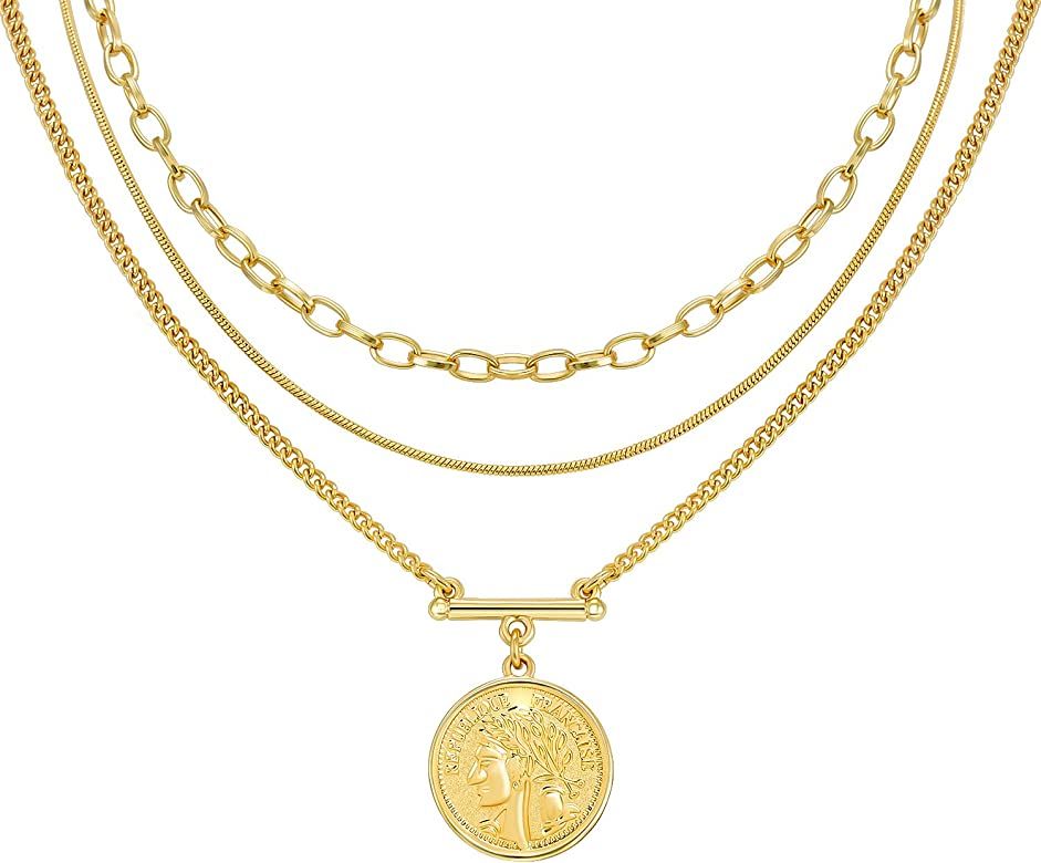 Layered 18k Gold Plated Necklaces for Women - Multilayer Coin Medallion Pendant Necklace Adjustab... | Amazon (US)