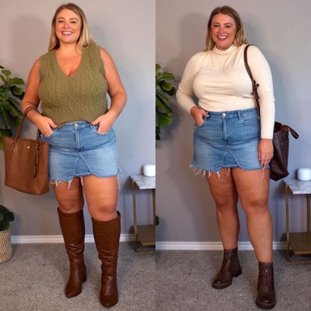 Jean mini skirt outfits - early fall outfits - brown boots - brown booties - green sweater vest - creamy white turtleneck — many items on sale! 

#LTKmidsize #LTKsalealert #LTKplussize