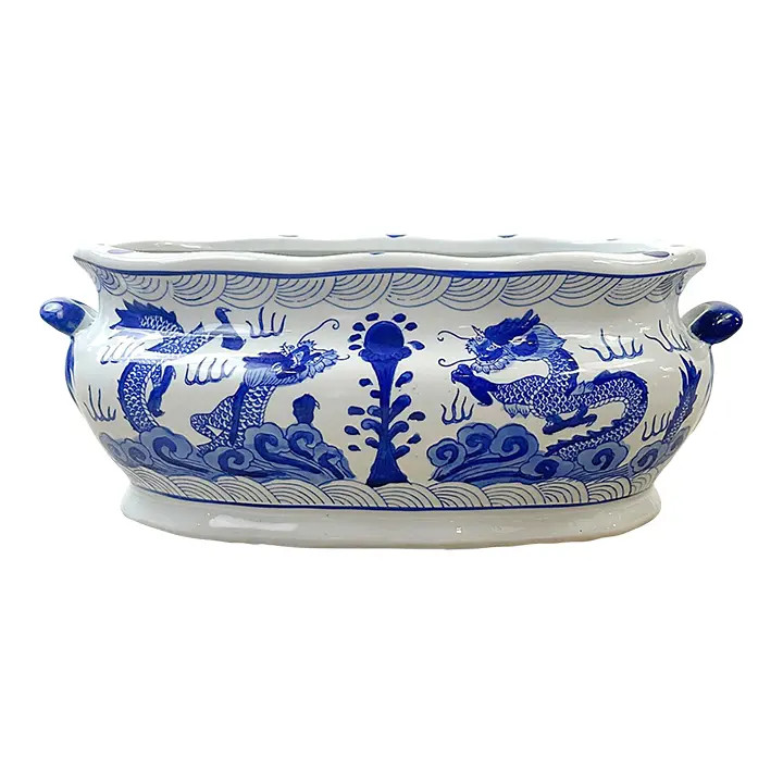 Late 20th Century Blue & White Chinoiserie Oval Footbath /Jardiniere | Chairish